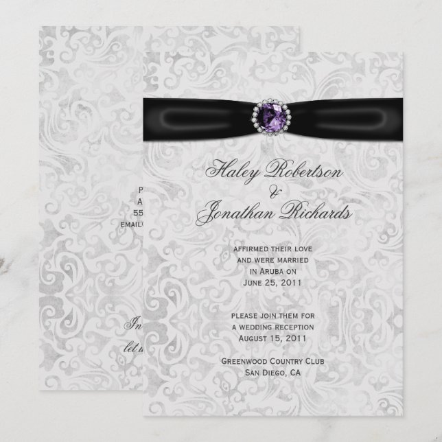 Silver Black Ribbon Purple Jewel Post Wedding Invitation (Front/Back)