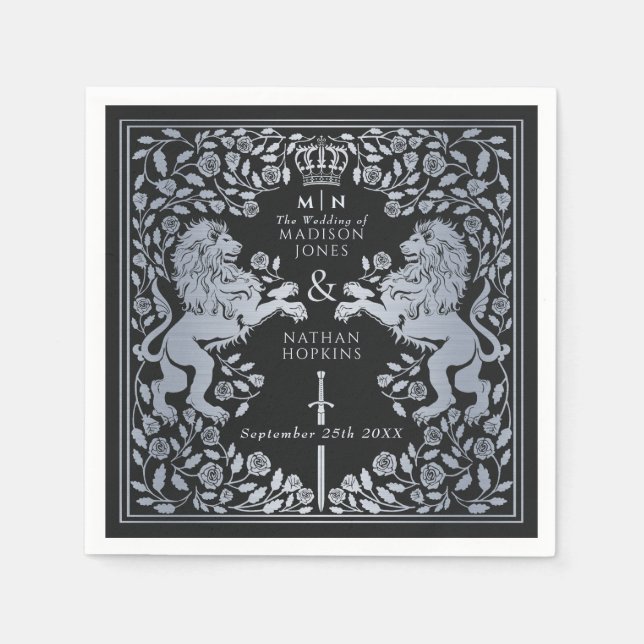 Silver Black Royal Lion Mediaeval Sword Wedding  Napkin (Front)