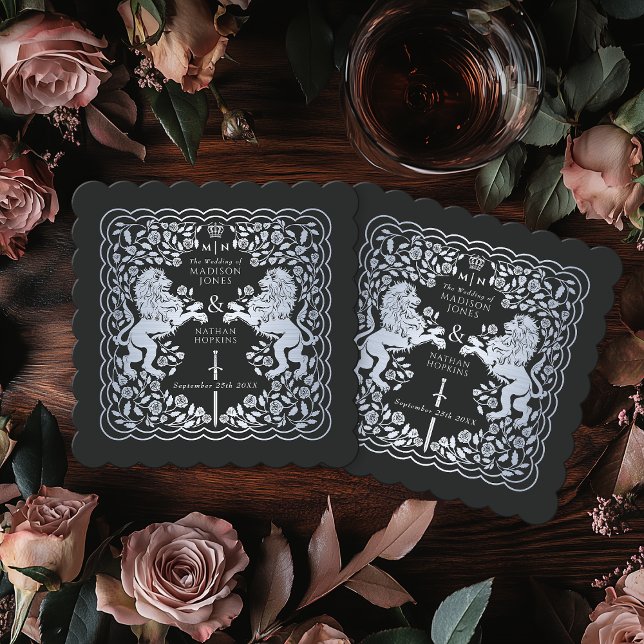 Silver Black Royal Lion Mediaeval Sword Wedding Paper Coaster (Creator Uploaded)