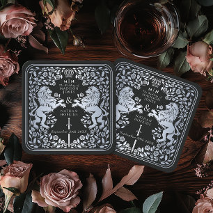 Silver Black Royal Lion Mediaeval Sword Wedding Square Paper Coaster