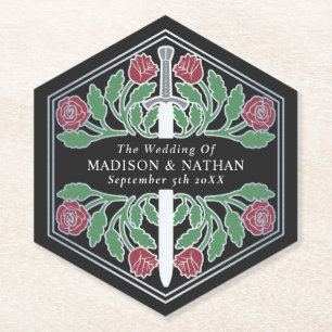 Silver Black Royal Mediaeval Floral Sword Wedding Paper Coaster