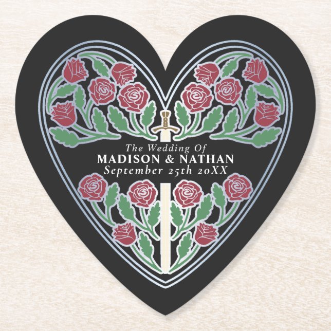 Silver Black Royal Medieval Floral Sword Wedding Paper Coaster (Front)