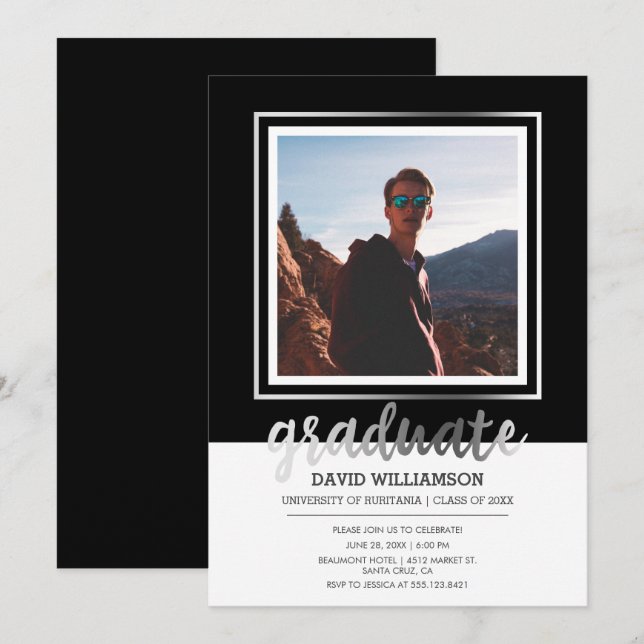 Silver & Black Script | Photo Frame Graduation Invitation (Front/Back)