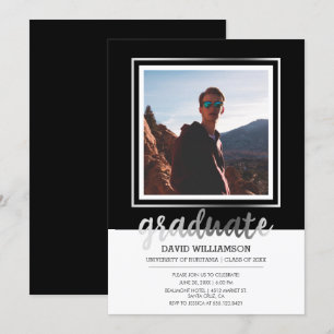 Silver & Black Script   Photo Frame Graduation Invitation