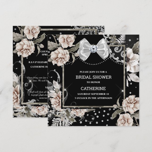 Silver black shabby chic rose paris chic bow invitation (Front/Back)