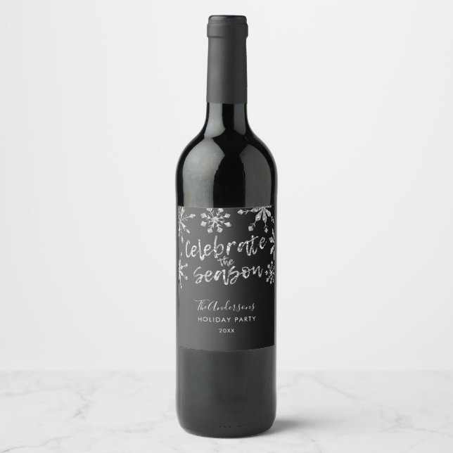 Silver Black Snowflake Christmas Party Wine Label (Front)