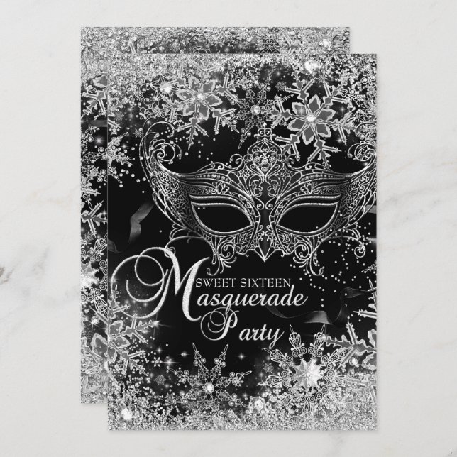 Silver Black Snowflake Mask Masquerade Sweet 16 Invitation (Front/Back)