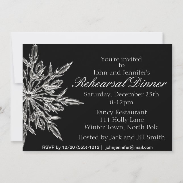 Silver Black Snowflake Winter Rehearsal Dinner Invitation (Front)