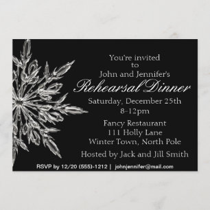 Silver Black Snowflake Winter Rehearsal Dinner Invitation