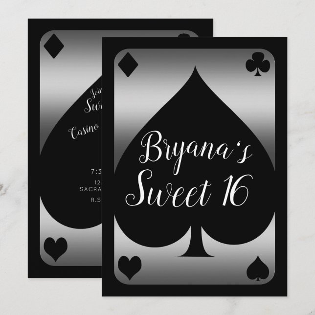 Silver & Black Spade Glam Casino Sweet 16 Party Invitation (Front/Back)