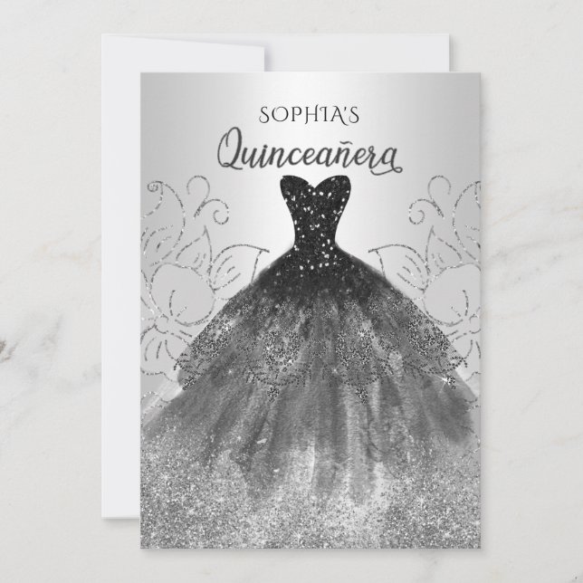 Silver Black Sparkle Dress Quinceañera Quince Invitation (Front)