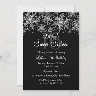 Silver & Black Sparkle Snowflake Sweet 16 Invite