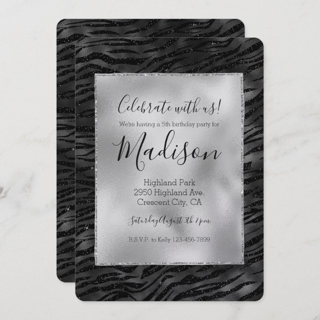 Silver Black Sparkle Zebra Print Invitation (Front/Back)