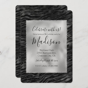 Silver Black Sparkle Zebra Print Invitation