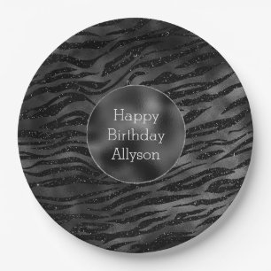 Silver Black Sparkle Zebra Print Paper Plate