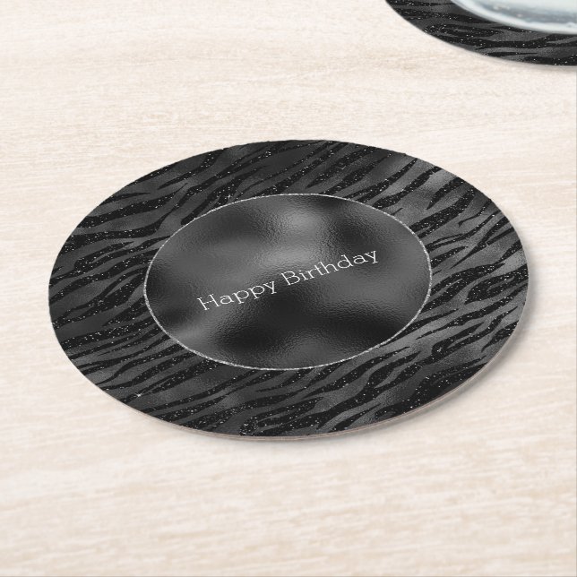 Silver Black Sparkle Zebra Print Round Paper Coaster (Angled)