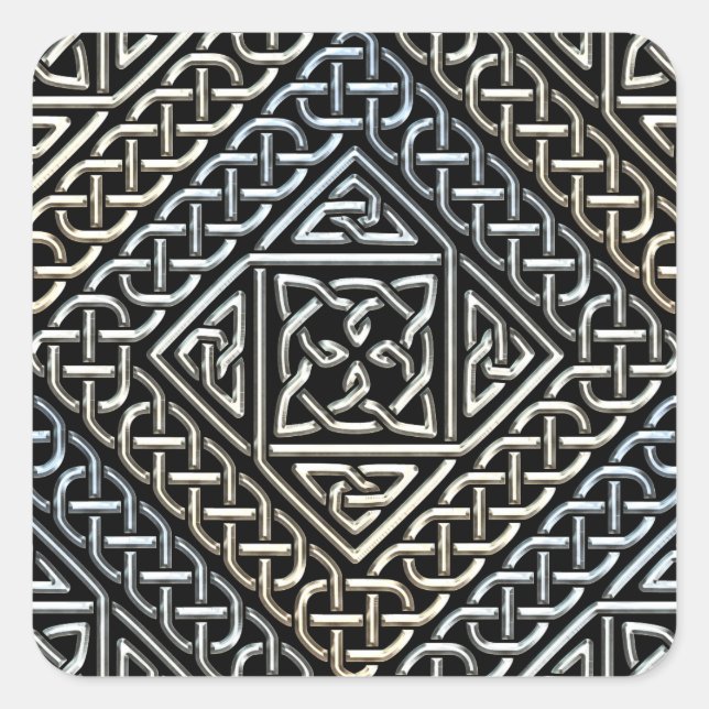 Silver Black Square Shapes Celtic Knotwork Pattern Square Sticker (Front)