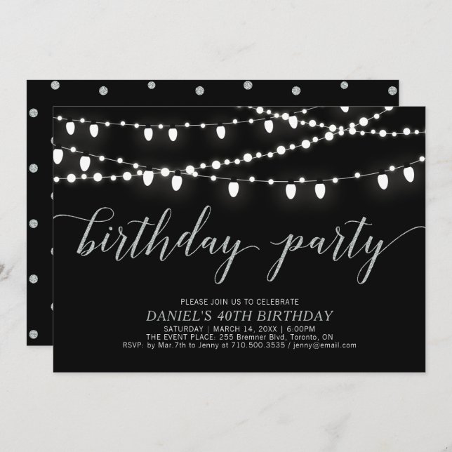 Silver & Black String Lights Adult Birthday Party Invitation (Front/Back)
