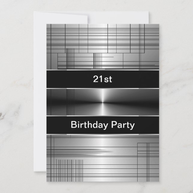 Silver Black Stripes Mans 21st Birthday Invitation (Front)