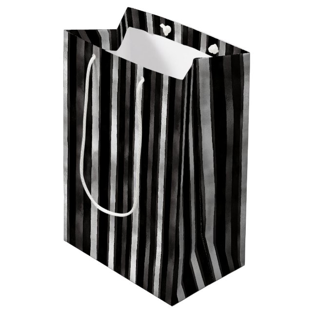 Silver Black Stripes Wedding Medium Gift Bag (Front Angled)