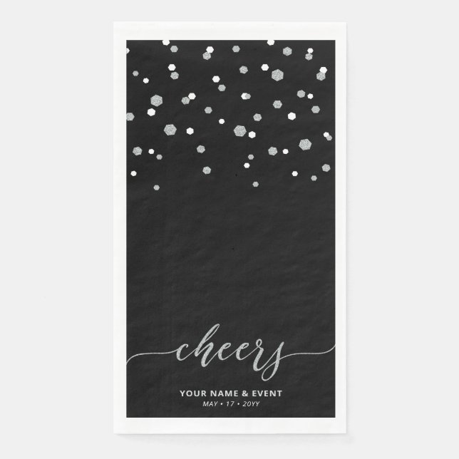 Silver Black Stylish Script Confetti Cheers Party Napkin (Front)