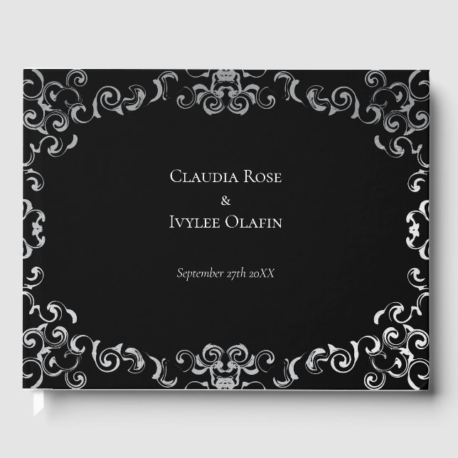 Silver & Black Swirl Gothic Wedding Guest Book (Front)