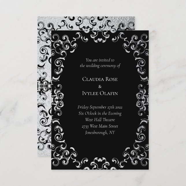 Silver & Black Swirl Gothic Wedding Invitation (Front/Back)