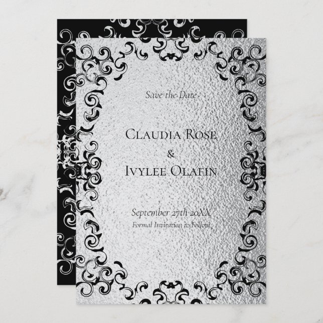 Silver & Black Swirl Gothic Wedding Invitation (Front/Back)