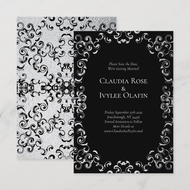 Silver & Black Swirl Gothic Wedding Invitation (Front/Back)