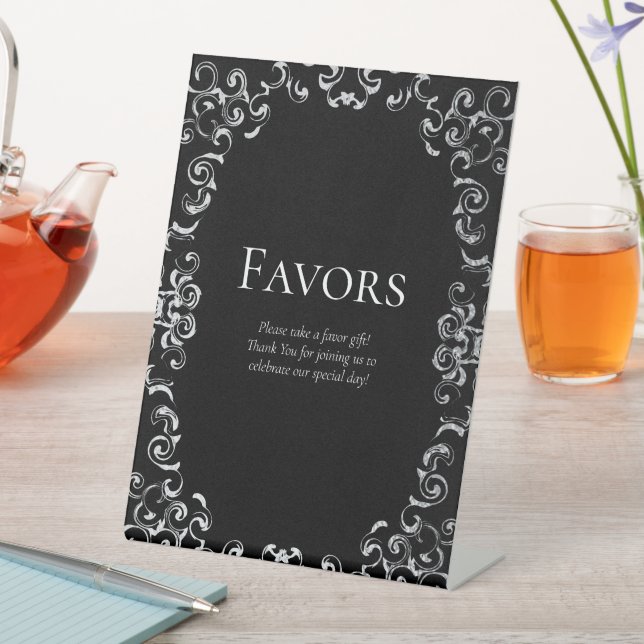 Silver & Black Swirl Gothic Wedding Pedestal Sign (In SItu)