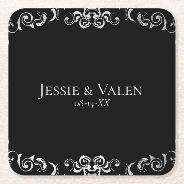 Silver & Black Swirl Gothic Wedding Square Paper Coaster (Front)
