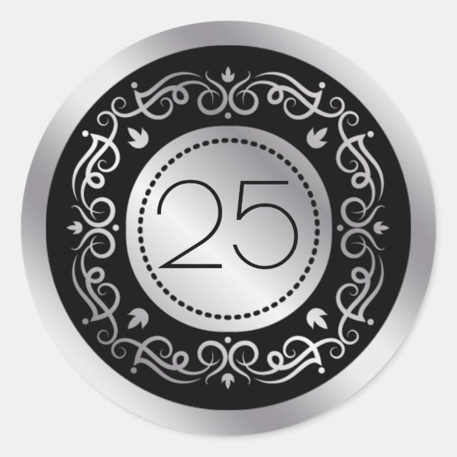 Silver black swirls 25th Wedding Anniversary Classic Round Sticker (Front)