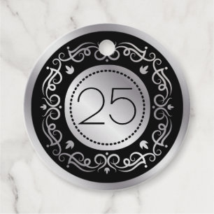 Silver black swirls 25th Wedding Anniversary Favour Tags
