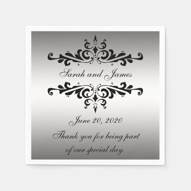 Silver Black Swirls Thank You Wedding Paper Napkin (Front)