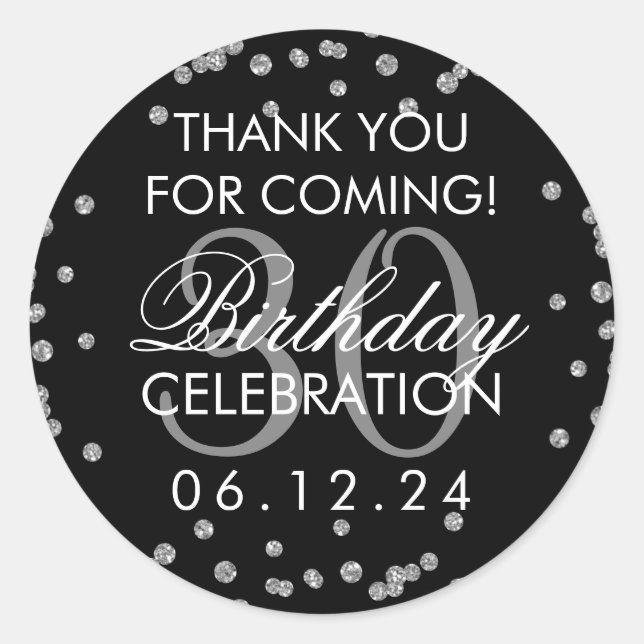 Silver Black Thank You 30th Birthday Confetti Classic Round Sticker (Front)