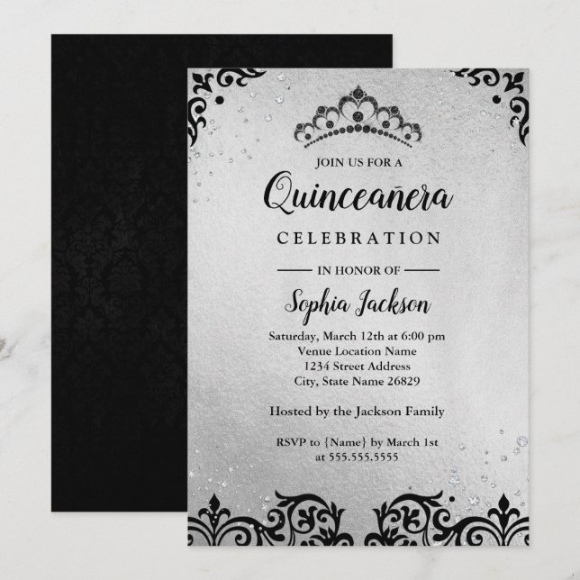 Silver Black Tiara Damask Quinceanera Invitation (Front/Back)