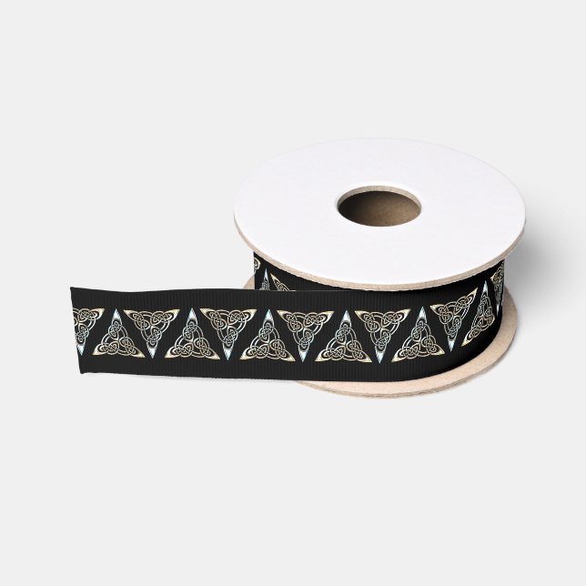 Silver Black Triangle Spirals Celtic Knot Design Grosgrain Ribbon (Spool)