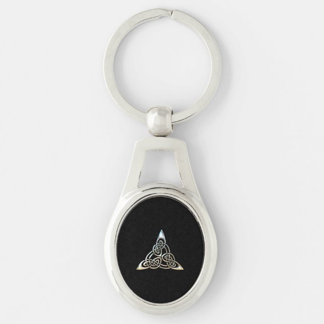 Silver Black Triangle Spirals Celtic Knot Design Key Ring (Front)