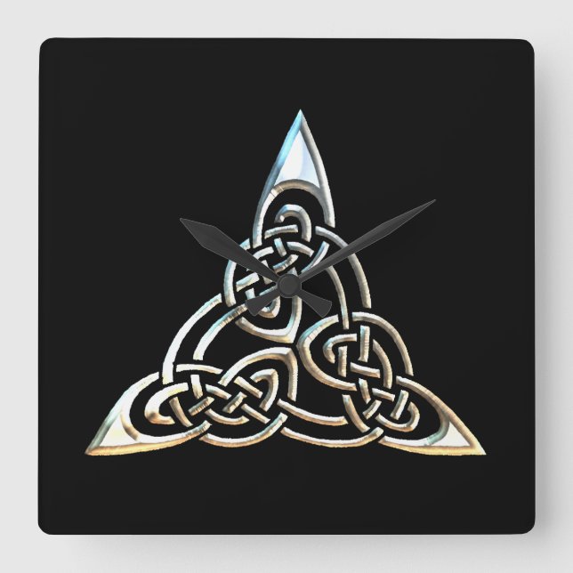 Silver Black Triangle Spirals Celtic Knot Design Square Wall Clock (Front)
