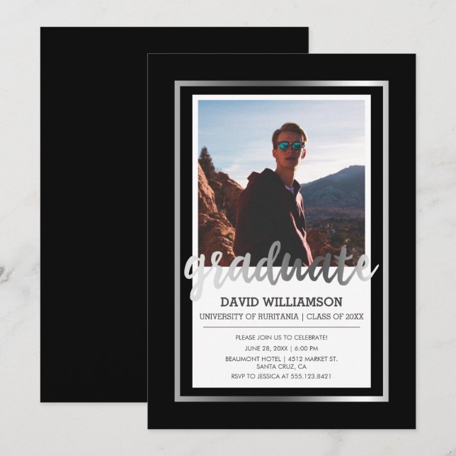 Silver & Black Typography | Photo Graduation Party Invitation (Front/Back)