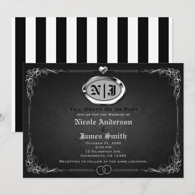 Silver & Black Vintage Gothic Halloween Wedding Invitation (Front/Back)