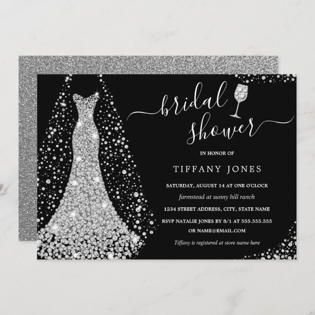 Silver Black Wedding Dress Sparkle Bridal Shower   Invitation (Front/Back)
