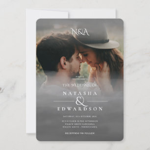Silver Black White Abstract Overlay Photo Wedding Invitation