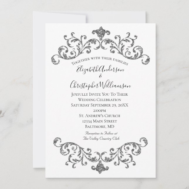 Silver Black White Ornate Flourish Formal Wedding Invitation (Front)