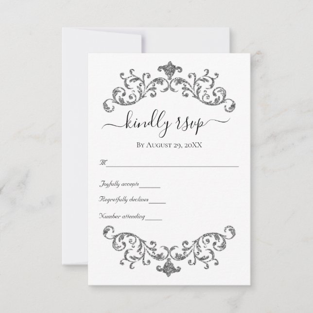 Silver Black White Ornate Flourish Formal Wedding  RSVP Card (Front)
