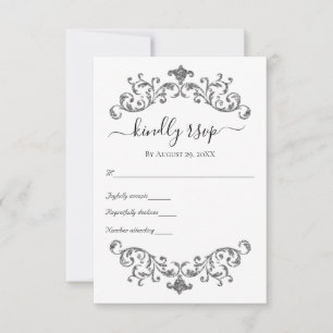 Silver Black White Ornate Flourish Formal Wedding  RSVP Card