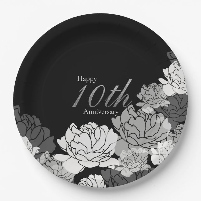 Silver, black & white rose print 10th anniversary paper plate (Front)