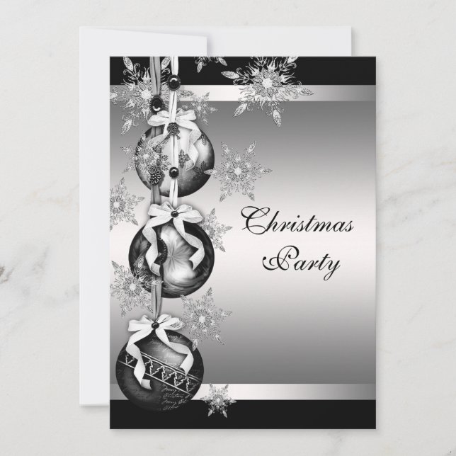 Silver Black White Snowflakes Christmas Party Invitation (Front)