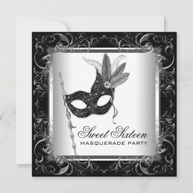 Silver Black White Sweet 16 Masquerade Party Invitation (Front)