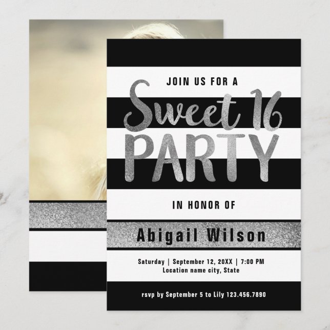 Silver black white sweet sixteen birthday party invitation (Front/Back)